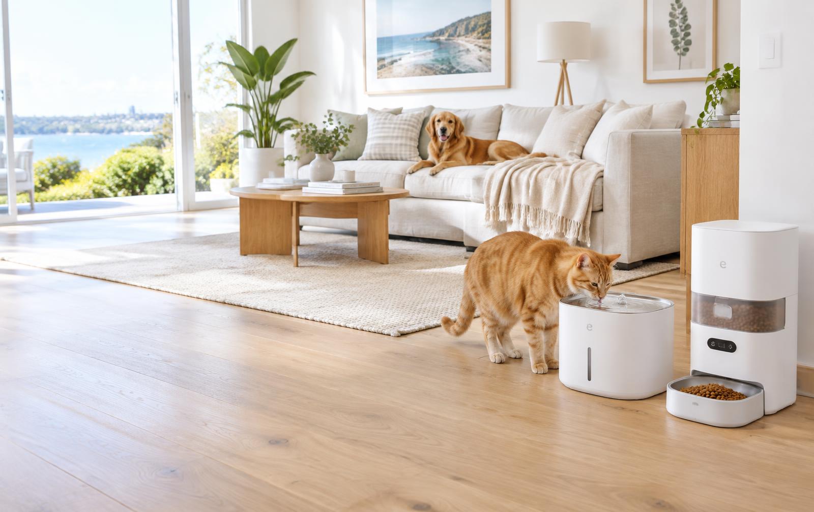 Cat drinking from a smart water fountain next to an automatic feeder in a bright Australian home